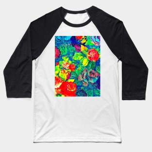 Brightly Colored Rose Pattern Blue Background Baseball T-Shirt